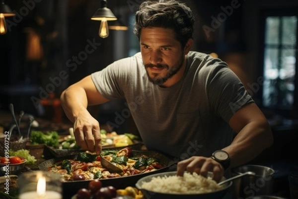 Obraz Focused Man Cooking in Cozy Kitchen