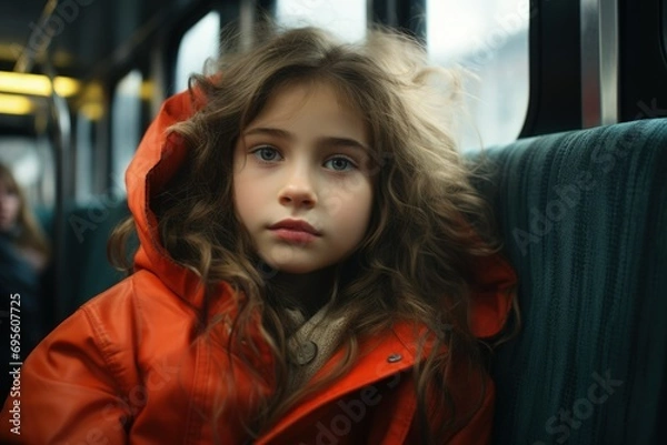 Fototapeta Thoughtful Girl in Orange Coat on Bus