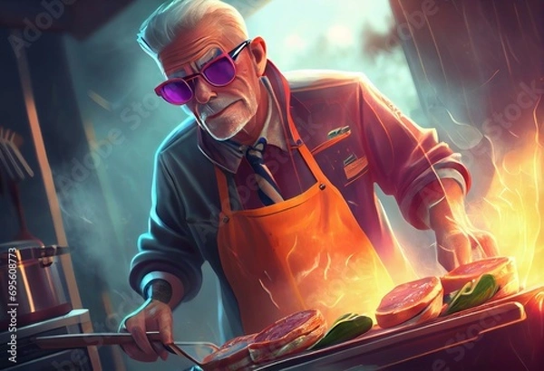 Obraz A cool cook with glasses cooks food on fire. An elderly man chef is cooking steaks on fire, photo Art style. High dynamics in the photo, beautiful composition, cooking