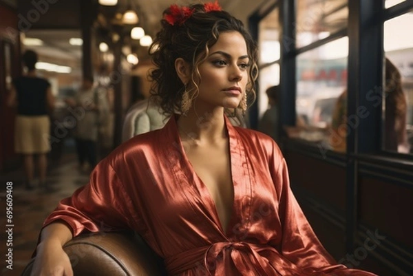 Obraz Contemplative Woman in Red Satin Robe