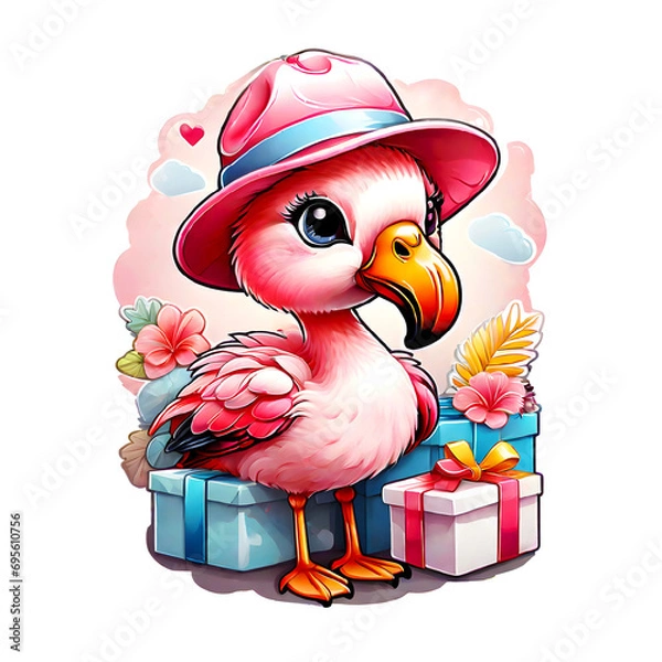 Obraz Sticker isolated cute cartoon pink flamingo wearing a pink hat with gift boxes. Transparent background. Generative AI