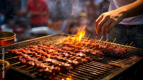 Fototapeta person skillfully grilling skewers for a Chinese barbecue generative ai