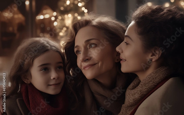 Fototapeta Small family having happy time together on Christmas. AI Generative