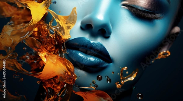 Fototapeta Frau mit futuristischem blauem Lippenstift und Goldflüssigkeit, Generative AI