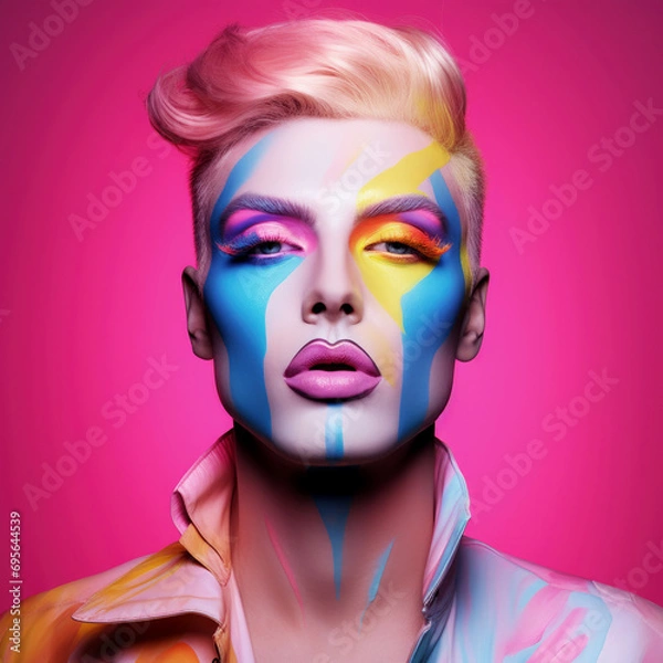Fototapeta Mann mit kreativem Ausdruck und bunter Gesichtsbemalung. Avantgardistisches Make-up, Generative AI