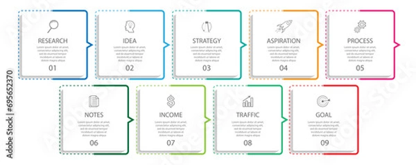 Fototapeta simple infographic design with thin lines, 9 interconnected square sections. for flow diagrams, workflows and presentations of your business