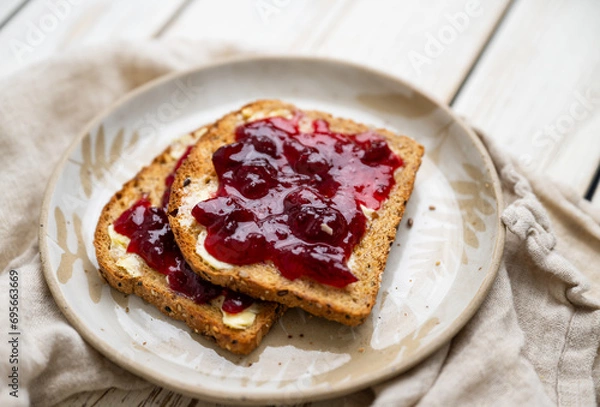 Fototapeta Whole Grain Toast with Cranberry Jam on Top