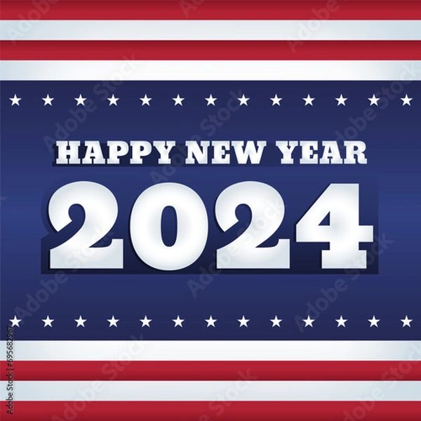 Fototapeta Vector web banner. Abstract background with the colors and elements of USA flag. Greeting text in a bold font: Happy New Year 2024. Retro styled design. Square format.
