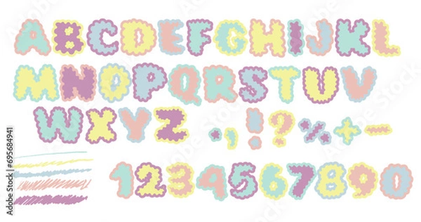 Fototapeta Hand Drawing Cloud Kawaii Alphabet. Cartoon Letters in simple kids drawn style. Trendy Retro Y2k Bubble alphabet set. Funny Childish Latin Font. Vector Illustration in pastel colors 