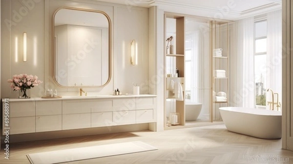 Fototapeta A spacious newly designed bathroom with a large white mirror and bright lighting.  Generative Ai