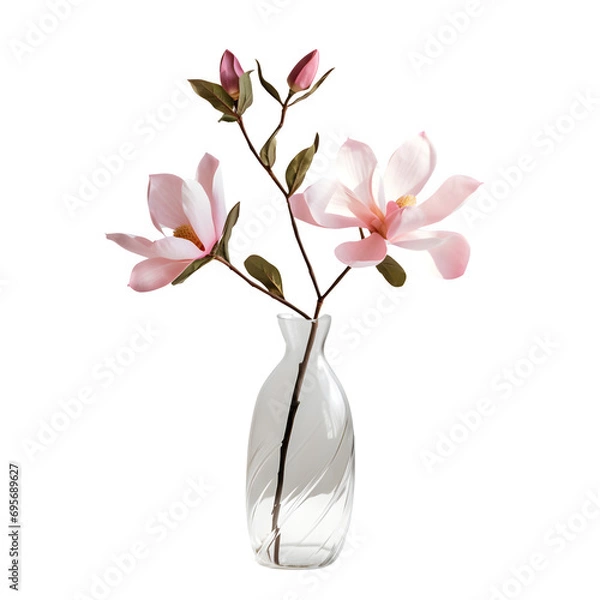 Fototapeta Beautiful pink magnolia flower in transparent glass vase standing isolated on transparent background Generative AI	

