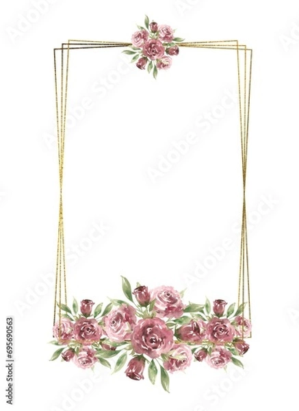 Fototapeta Watercolor floral rectangular frame with compositions with roses and greenery, frame with gold texture. Hand drawn illustration of botanical template for greeting cards or wedding invitations