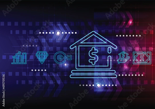 Fototapeta Banking and Finance concept illustration.Banking Technology concept.Vector of bank on dark blue technology background. Digital connect system.Financial and Banking technology concept.