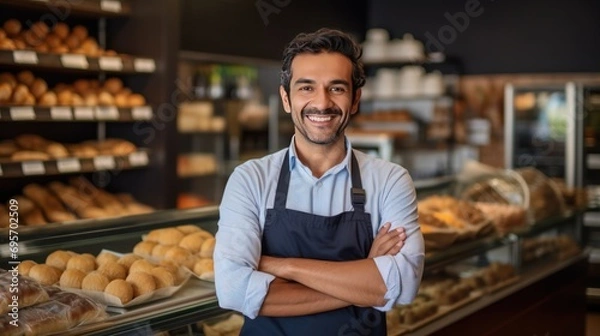 Fototapeta business owner smiling at the camera with bakery shop background,