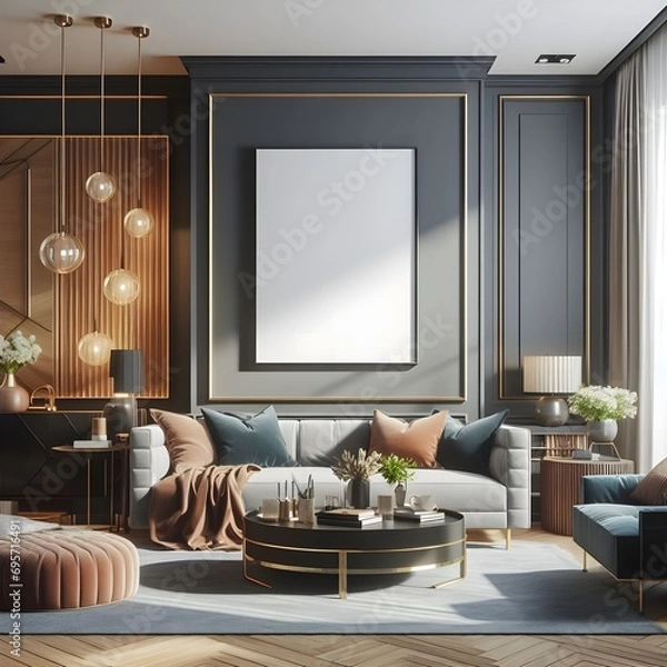 Fototapeta Mockup poster frame on living room wall, luxury apartment background with modern design. Modern interior design. Generative AI.