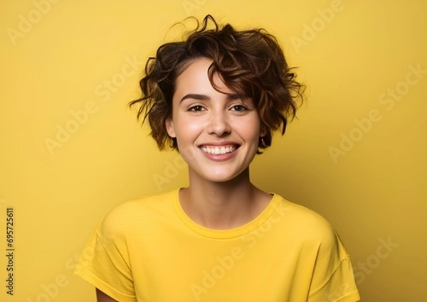 Fototapeta Cheerful Woman with Short Hair on Yellow Background. Generative AI.