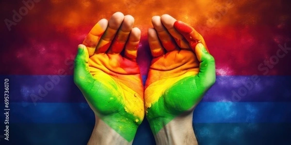 Fototapeta Two hands forming a heart shape in front of a vibrant rainbow flag. This image symbolizes love and support for the LGBT