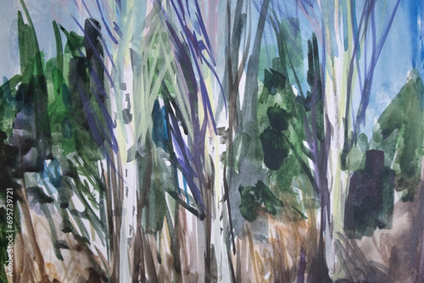 Fototapeta Coniferous and birch trees grove. Bare branches forest watercolor painting.
