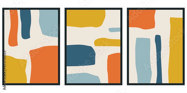 Fototapeta Set of 3 Wall Prints. Set of 3 Kitchen Art Pictures. MidCentury Modern Print Set. Orange Yellow Light And Blue Color Original Abstract Wall Art.