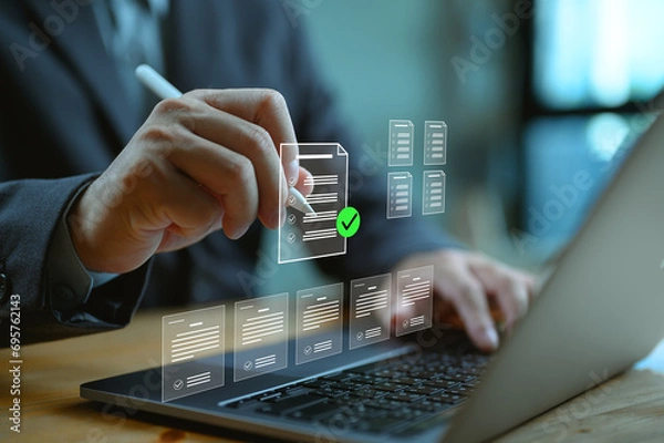 Fototapeta Business performance monitoring concept, businessman using computer laptop Online survey filling out, digital form checklist, Quality control and accuracy Check, Assessment form, questionnaire.