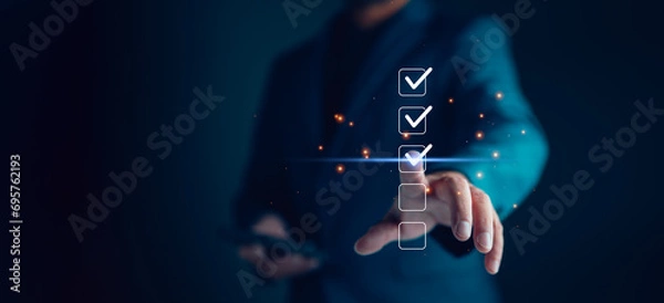 Fototapeta Checklist and filling survey form online. Document management system, DMS. Assessment form, questionnaire, checklist and clipboard task management. Quality control and accuracy Check completeness.