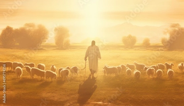 Fototapeta A bible jesus shepherd with his flock of sheep during sunset. Generative AI