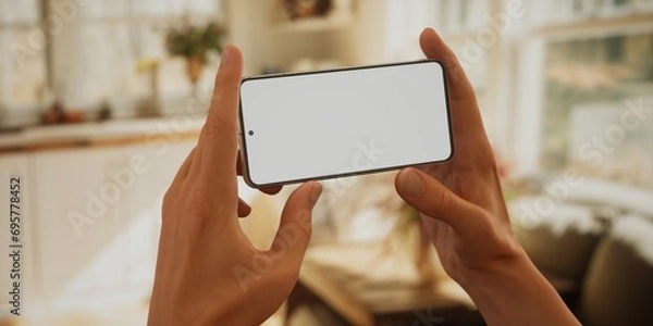 Fototapeta View Caucasian male watching video content on his phone, horizintal orientation