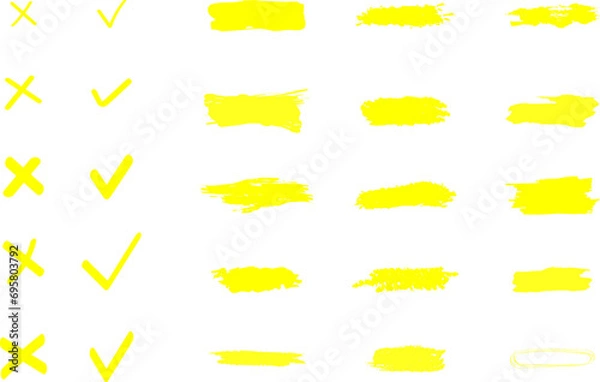 Fototapeta Yellow marker brush lines. Highlighter line yellow marker strokes lines vector. Yellow watercolor hand drawn highlight set. Grunge freehand watercolor ink pencil marks. Marker pen highlight strokes.