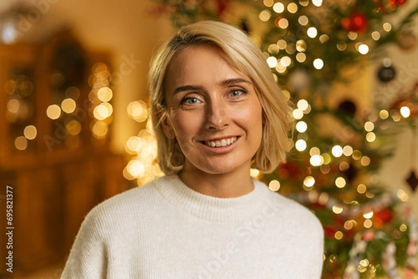 Obraz portrait of blond woman smiling near decorated Christmas tree with flashing lights on background