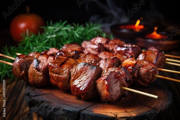 Fototapeta Grilled meat skewers, shish kebab. Juicy and tasty grilled shashlik. Generative AI