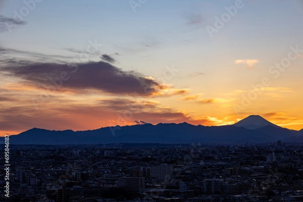 Obraz 夕焼けと富士山と街
