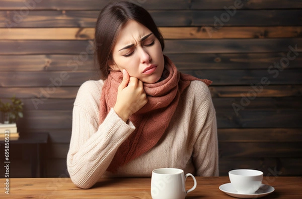 Obraz Sore throat, portrait of a woman in scarf holding her throat, generative ai