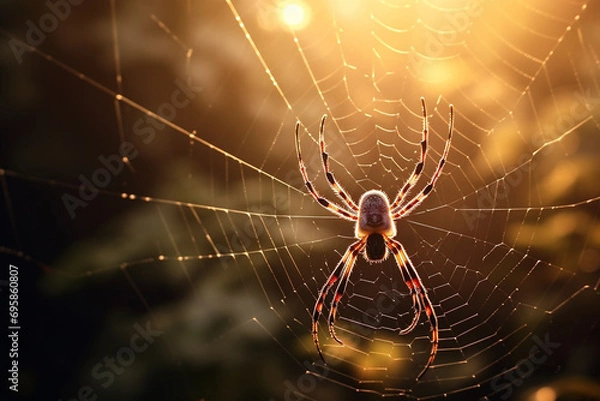 Fototapeta A spider on a web on the sunset in forest