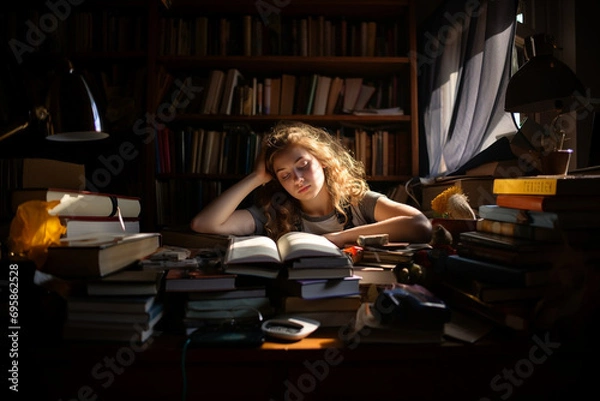 Fototapeta A tired girl studying with many books around