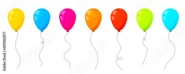 Obraz Balloons flying up. Air baloons groups, festive decorations floating. Baloons bunches, bundles. Festive decorations floating, soaring. Helium ballons decor on strings.