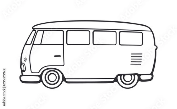 Fototapeta Retro hippie van for road trip and beach vacation. Vector illustration. Hand drawn Doodle isolated on white background. Sketch style outline drawing