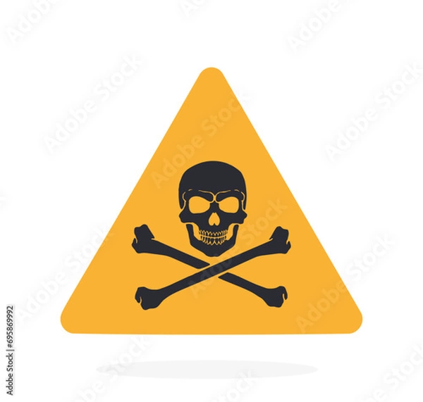 Fototapeta Danger symbol with skull and crossbones. Vector illustration. Triangular caution danger sign. Warning symbol. Flat icon isolated on white background