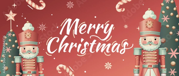 Obraz Christmas party banner with nutcracker, Xmas tree, candy stick and snowflake. Horizontal poster, greeting card, header, website, vector illustration
