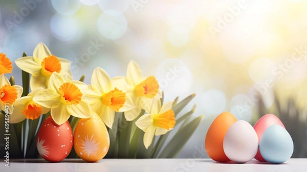 Fototapeta copy space, stockphoto, tow view, easter background with colored easter eggs and daffodils. Greeting card for easter. Easter mockup. Beautiful easter greeting card, invitation. Poster.