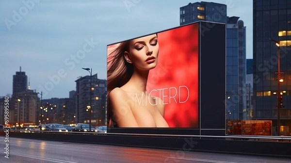 Fototapeta Blank white road billboard with cityscape background. Street advertising poster, mock up, 3D rendering. Side view. The concept of marketing communication to promote or sell idea.