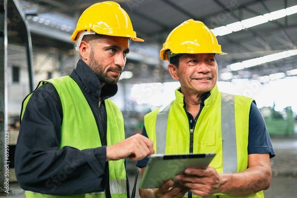 Fototapeta two engineer look projects and planning with tablet mobile in factory