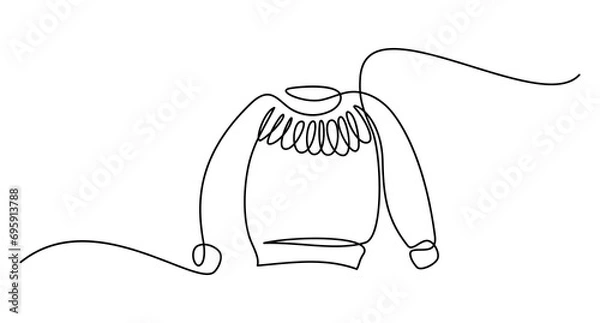 Fototapeta Sweater in continuous line art drawing style. Lopapeysa or Icelandic style sweater black linear design isolated on white background. Vector illustration