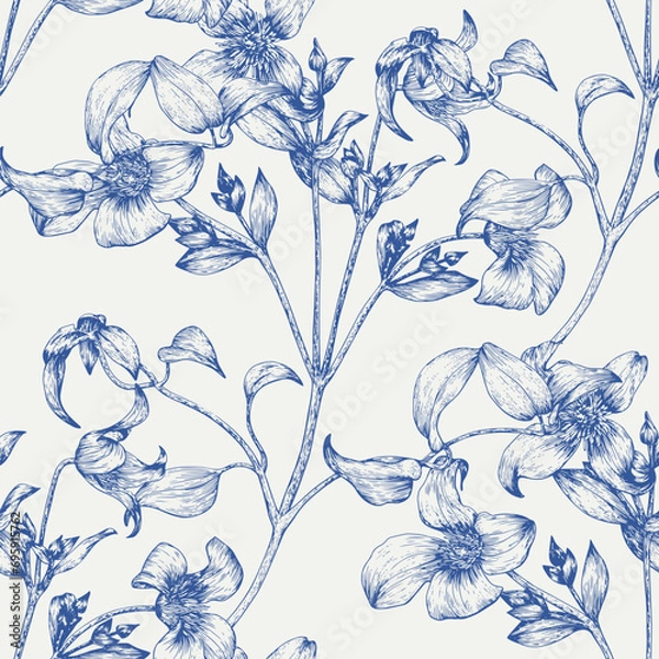 Fototapeta Toile art Floral vector vintage seamless pattern flowers of Clematis blue on a beige. Hand drawn background.Monochrome. Textiles, paper, wallpaper decoration