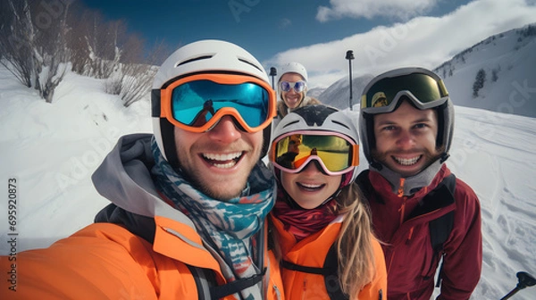 Fototapeta Group of multinational friends in colorful winter clothes are having fun and doing selfie at the top of mountain. Winter ski and snowboarding vacations concept