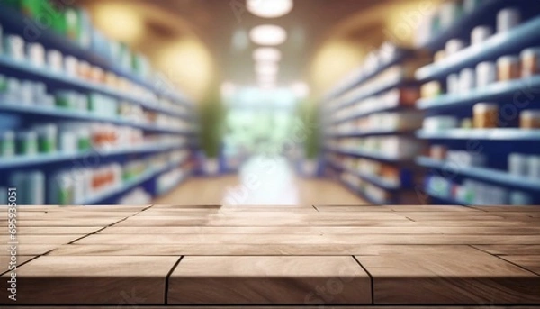 Fototapeta Counter with a blurred pharmacy store background, showcasing empty shelves ready for product display