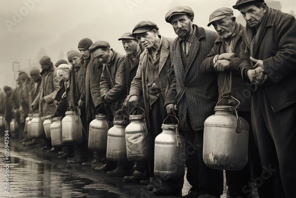 Obraz Hungry people, holding containers, waiting for free food in long line, great depression concept Generative AI 