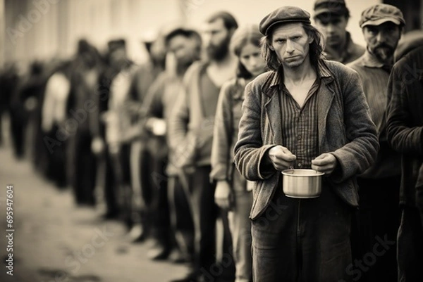 Fototapeta Hungry people, holding containers, waiting for free food in long line, great depression concept Generative AI 