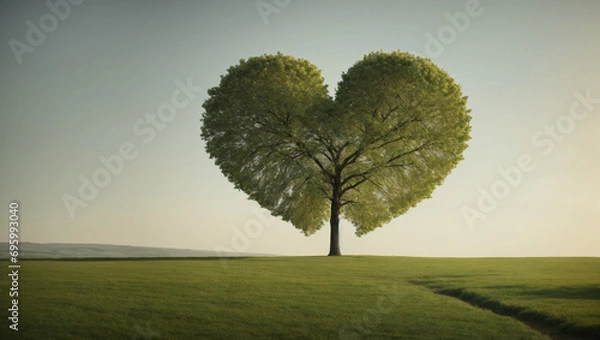 Fototapeta Love in nature. A tree with heart-shaped leaves against a calm, minimalist landscape. Minimal Valentine's Day and love concept. With copy space.