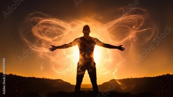 Obraz Silhouette Engulfed in Energy Fields at Sunset. The silhouette of a person stands with arms outstretched, encompassed by swirling energy fields, against the backdrop of dramatic sunset.