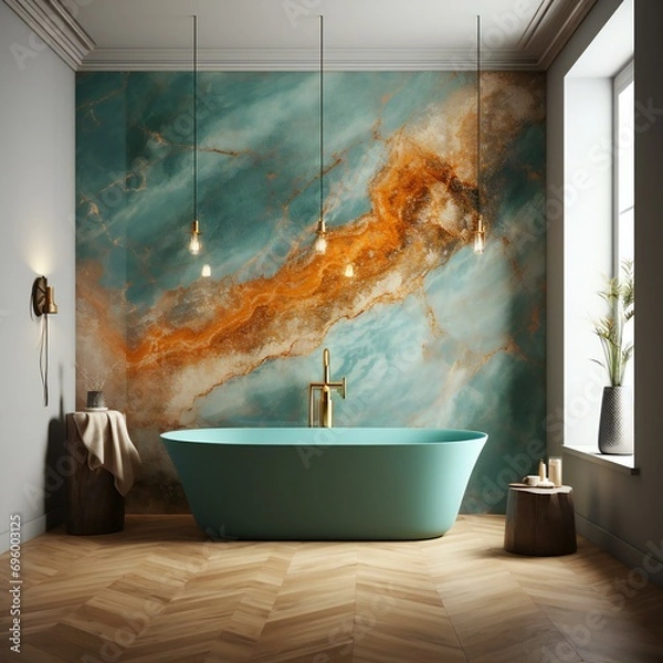 Fototapeta Modern bathroom interior design with luxury elements. A stylish and elegant space featuring marble, white decor, and clean lines
